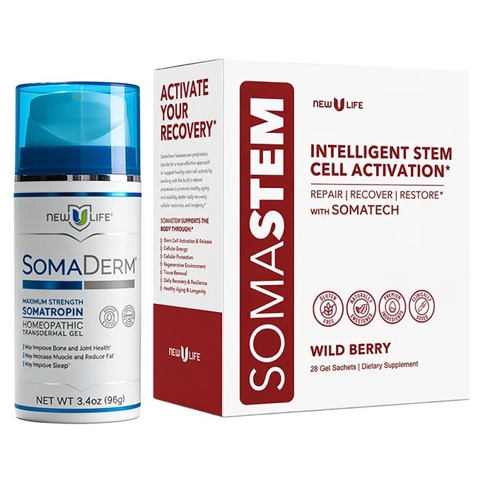 New U Life SomaDerm and SomaStem Package – SomaDerm gel bottle and SomaStem gel sachet box