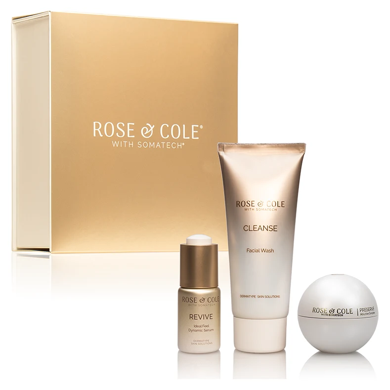 Rose & Cole Essentials Kit – Mixed A/D – 3-piece Rose & Cole skincare set with gold box
